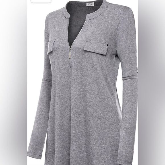 YaYa Bay Women's Long Sleeve Roll-Up Sleeve Zip Up Casual Shirt Blouse Tops - Picture 2 of 12